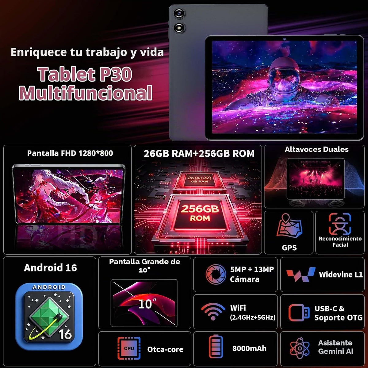 Tableta de 10 pulgadas con teclado - Tableta 2026 Gemini AI Android...
