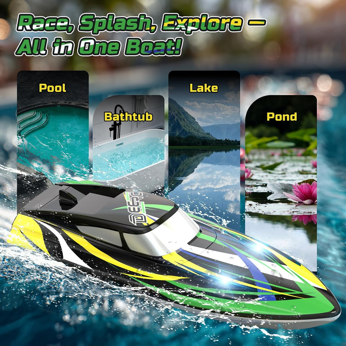 DEERC Barco RC rápido para niños, más de 20 MPH, recuperación de vu...