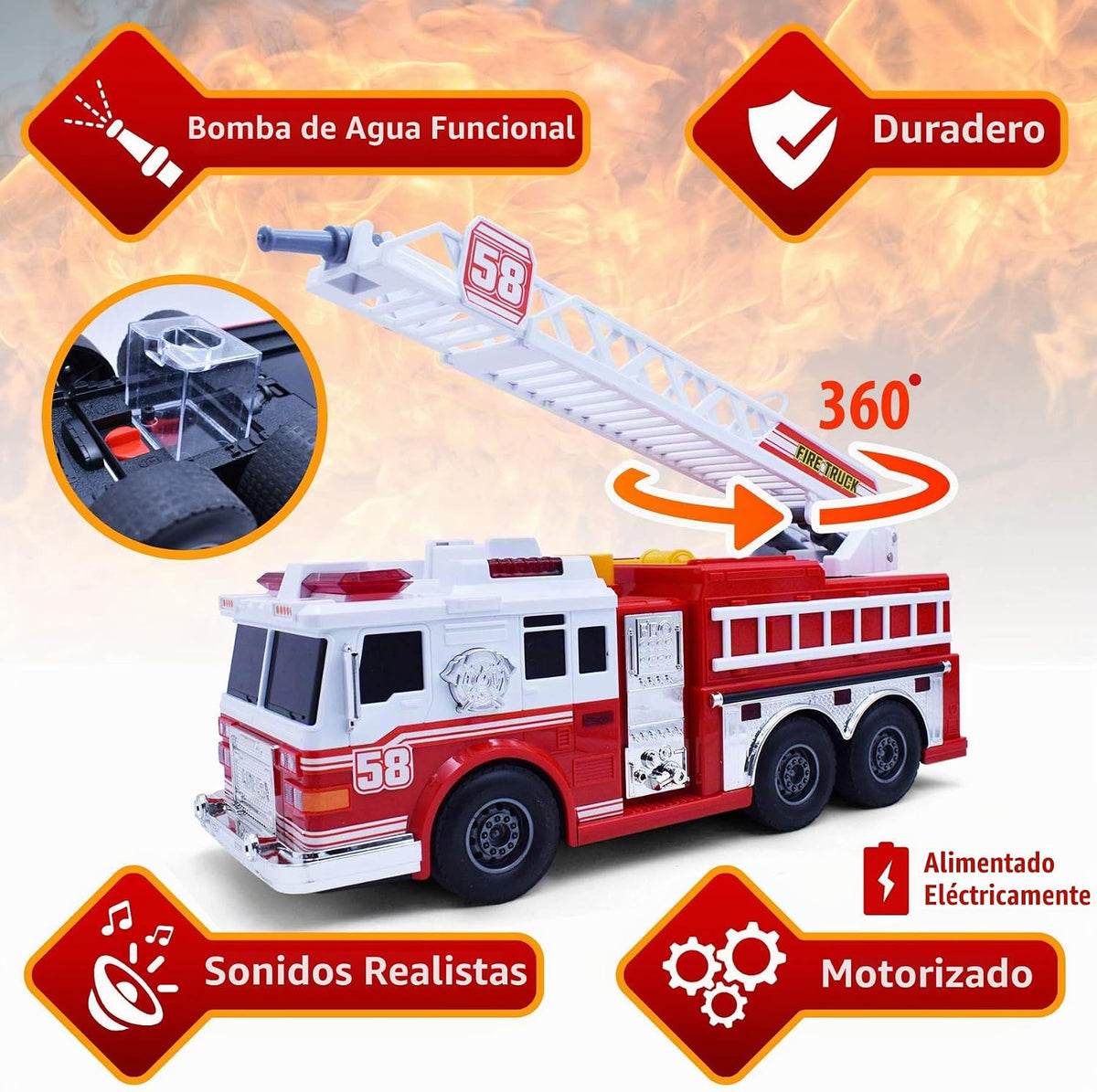 VEBO Camión de bomberos motorizado con luces, sonido de sirena, bom...