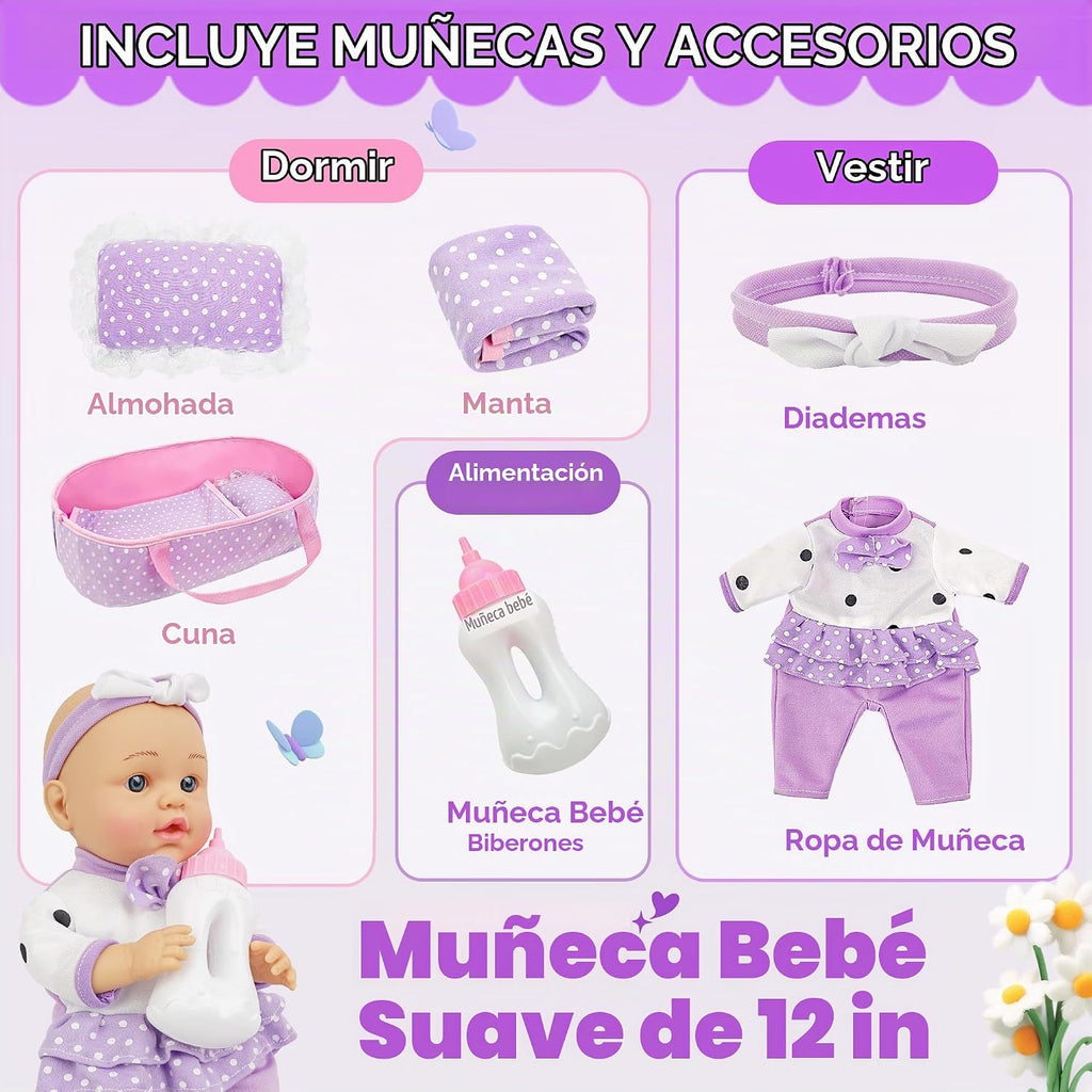 SMILESSKIDDO Muñeca bebé con cuna portabebés, juego de muñecas de 1...