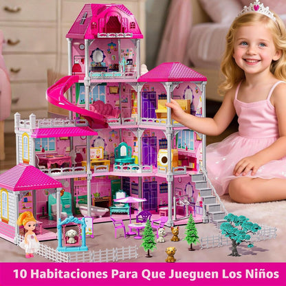 JUKUDAHU Juego de villa para niñas de 3 a 7 años, casa de 4 pisos c...