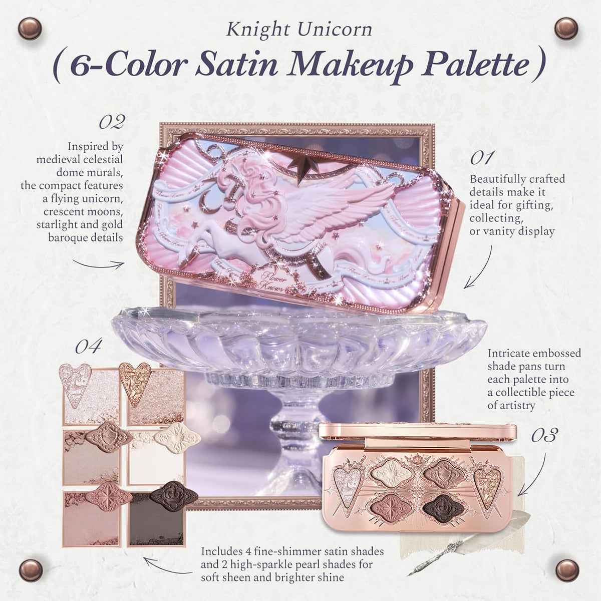 Flower Knows Knight Unicorn - Paleta de maquillaje satinado de 6 co...