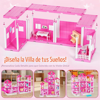 TUZT Casa de muñecas de 4 pisos con piscina y tobogán, figuras de j...