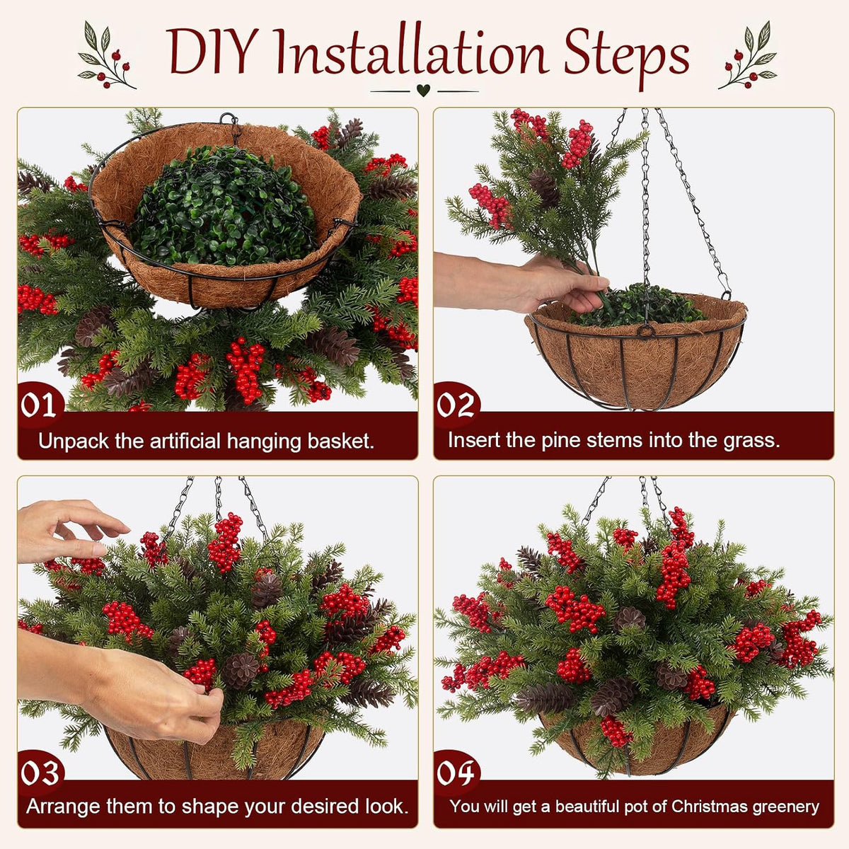 Daynight 2 cestas colgantes artificiales de Navidad con tallos de p...