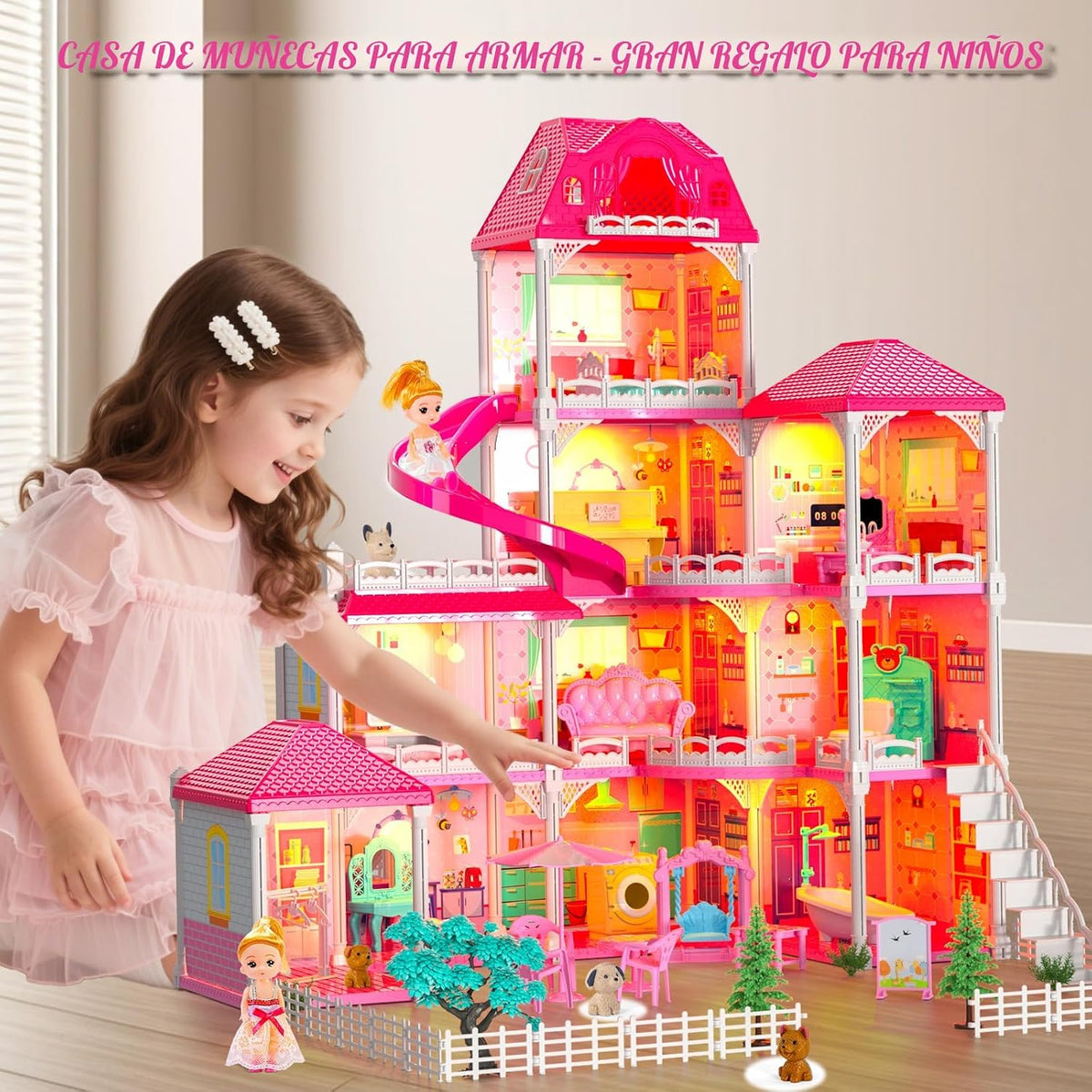 Doloowee - Casa de muñecas DIY de 4 pisos con 2 muñecas, mascotas y...