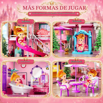 Casa de 4 pisos para niñas de 3 a 7 años, juego de villa con 2 muñe...