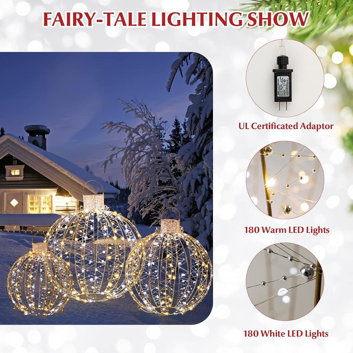 Tangkula - Paquete de 3 bolas de Navidad con luz LED, adornos de me...