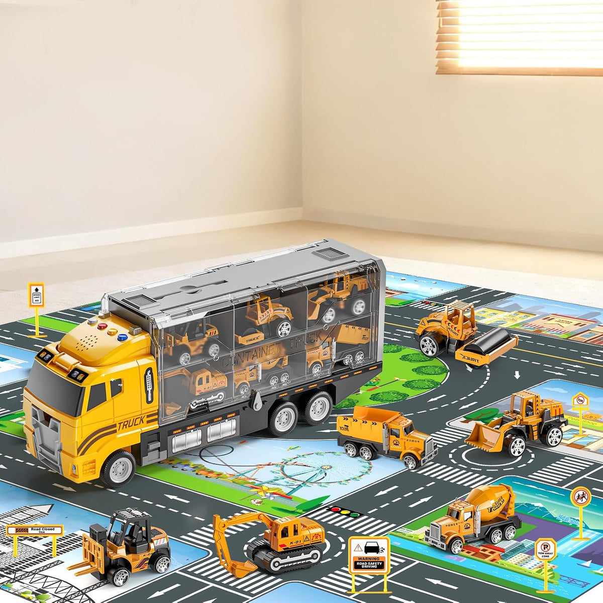 NIPLOOOW - Juego de camión de construcción para niños con alfombra...