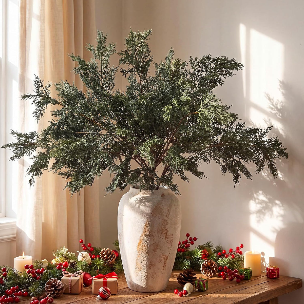 Wavwavw 6 tallos de pino de cedro artificial de invierno de 25.5 pu...