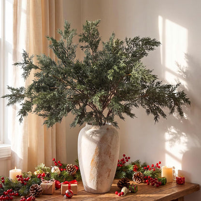 Wavwavw 6 tallos de pino de cedro artificial de invierno de 25.5 pu...