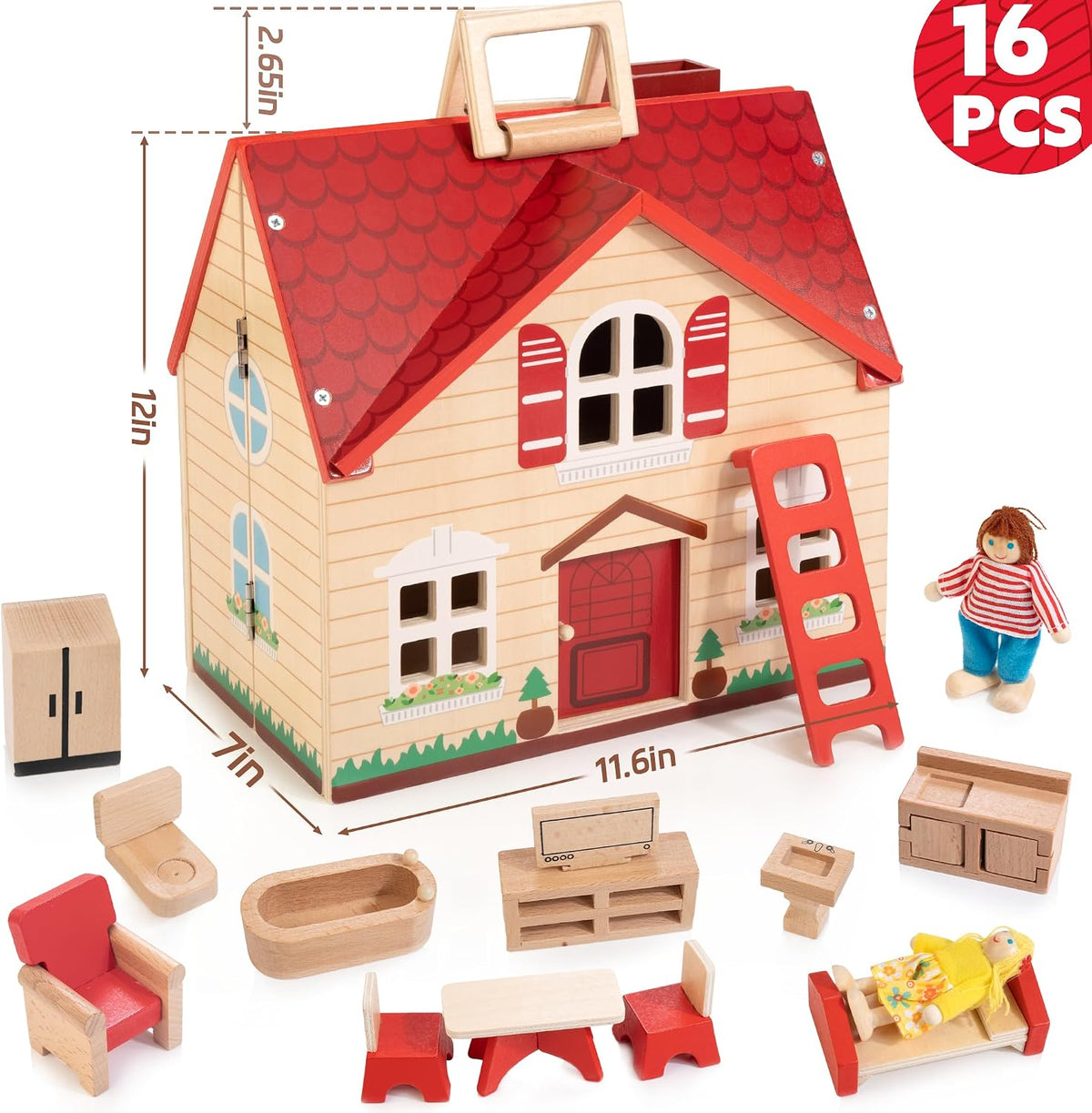 WOODMAM Casa de muñecas plegable de madera con muebles para juegos...