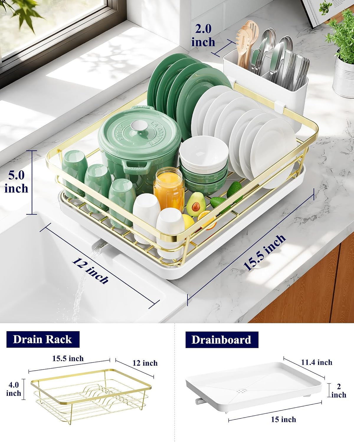 Kitsure Escurridor de platos para encimera de cocina, 12 pulgadas d...