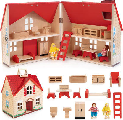 WOODMAM Casa de muñecas plegable de madera con muebles para juegos...