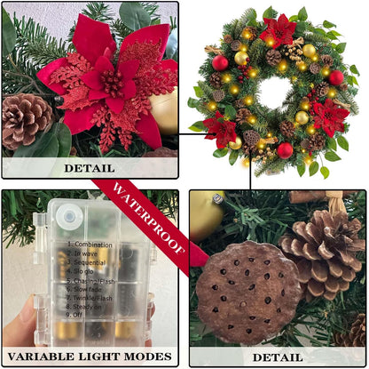 WANNA-CUL Corona de Navidad preiluminada de 24 pulgadas para puerta...