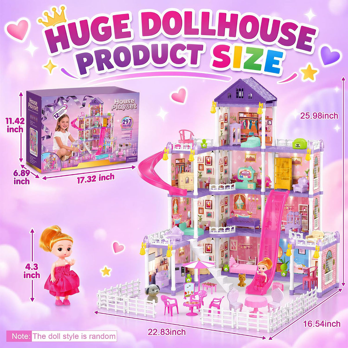 KLADNDER Casa de muñecas, juego de casa de muñecas de 4 pisos y 12...
