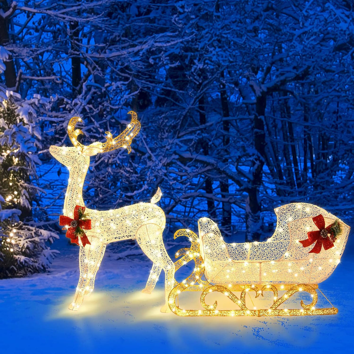 Tangkula Reno y trineo de Papá Noel iluminado de 6 pies para Navida...