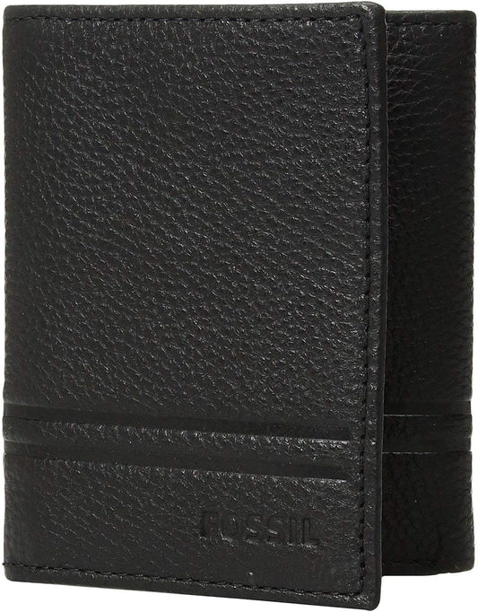 Fossil Billetera triple de cuero para hombre, Wilder Negro