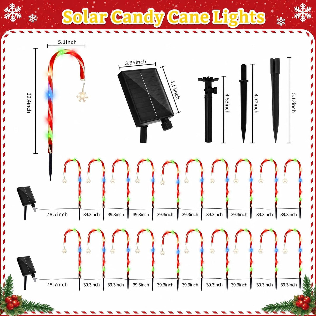 Paquete de 20 luces solares de bastón de caramelo, decoración de pa...