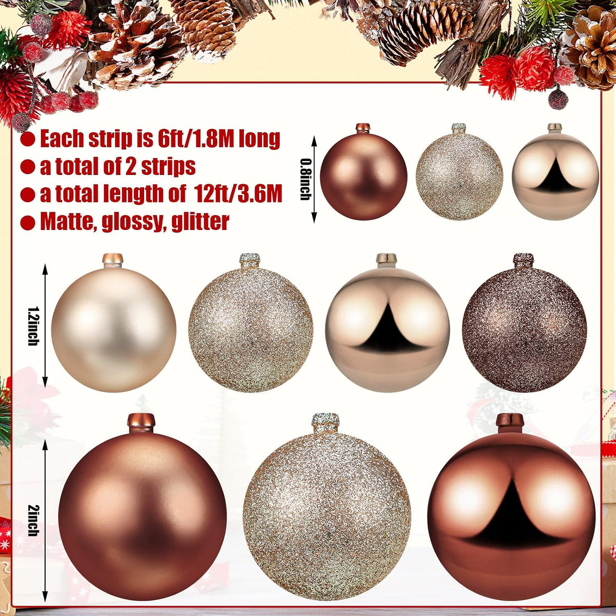 Yuxung 2 guirnaldas decorativas de bolas de Navidad de 6 pies, marr...