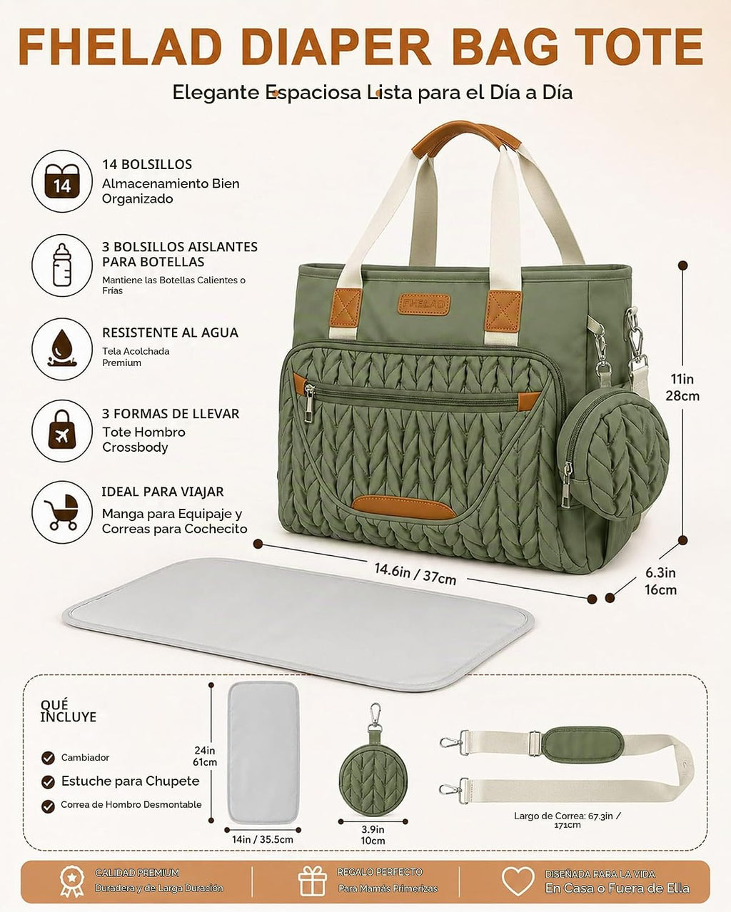 FHELAD Bolsa de pañales para mujer, juego de bolsa de pañales para...
