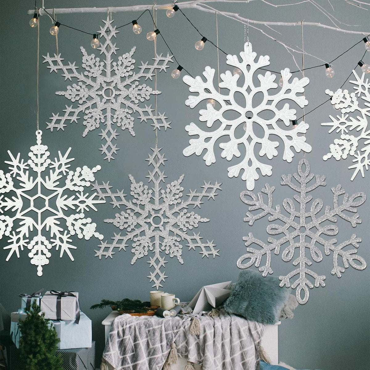 8 copos de nieve grandes de color blanco y plateado, copos de nieve...