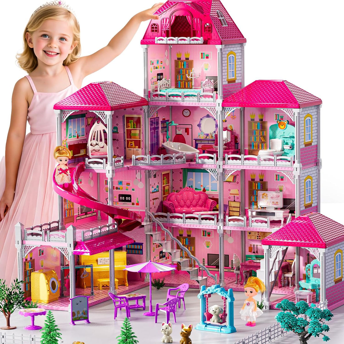 JUKUDAHU Juego de villa para niñas de 3 a 7 años, 4 pisos y 12 habi...