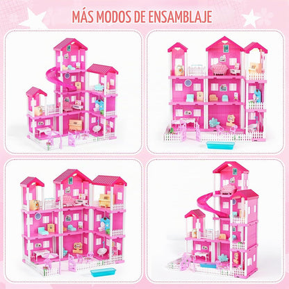 TUZT Casa de muñecas de 4 pisos con piscina y tobogán, figuras de j...