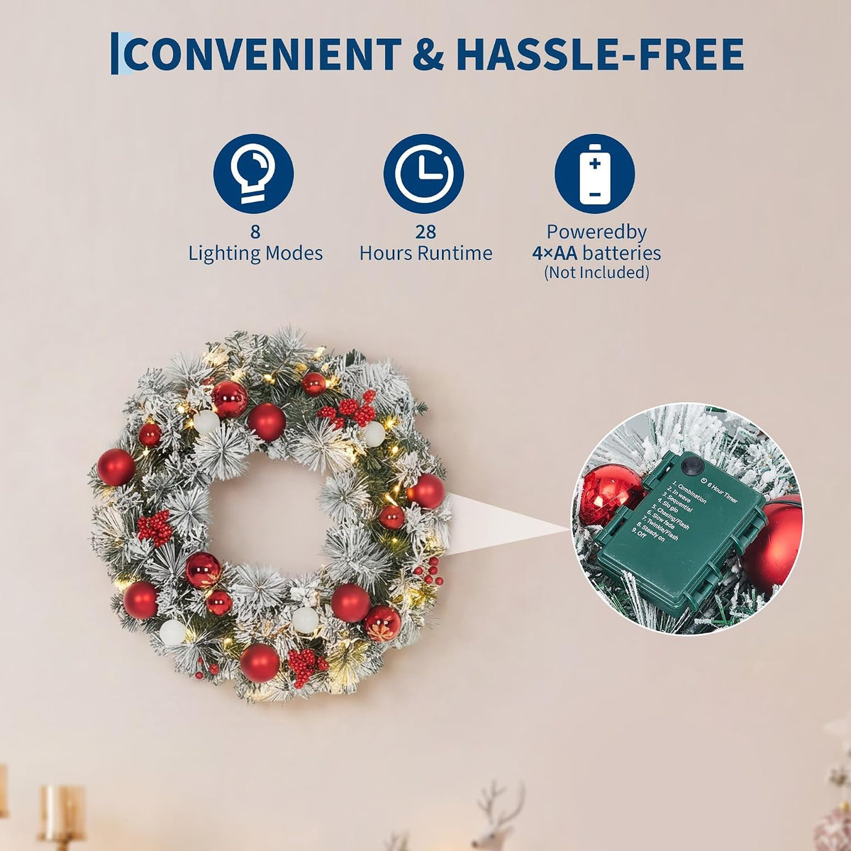 Aptliton Corona de Navidad artificial preiluminada de 22 pulgadas p...