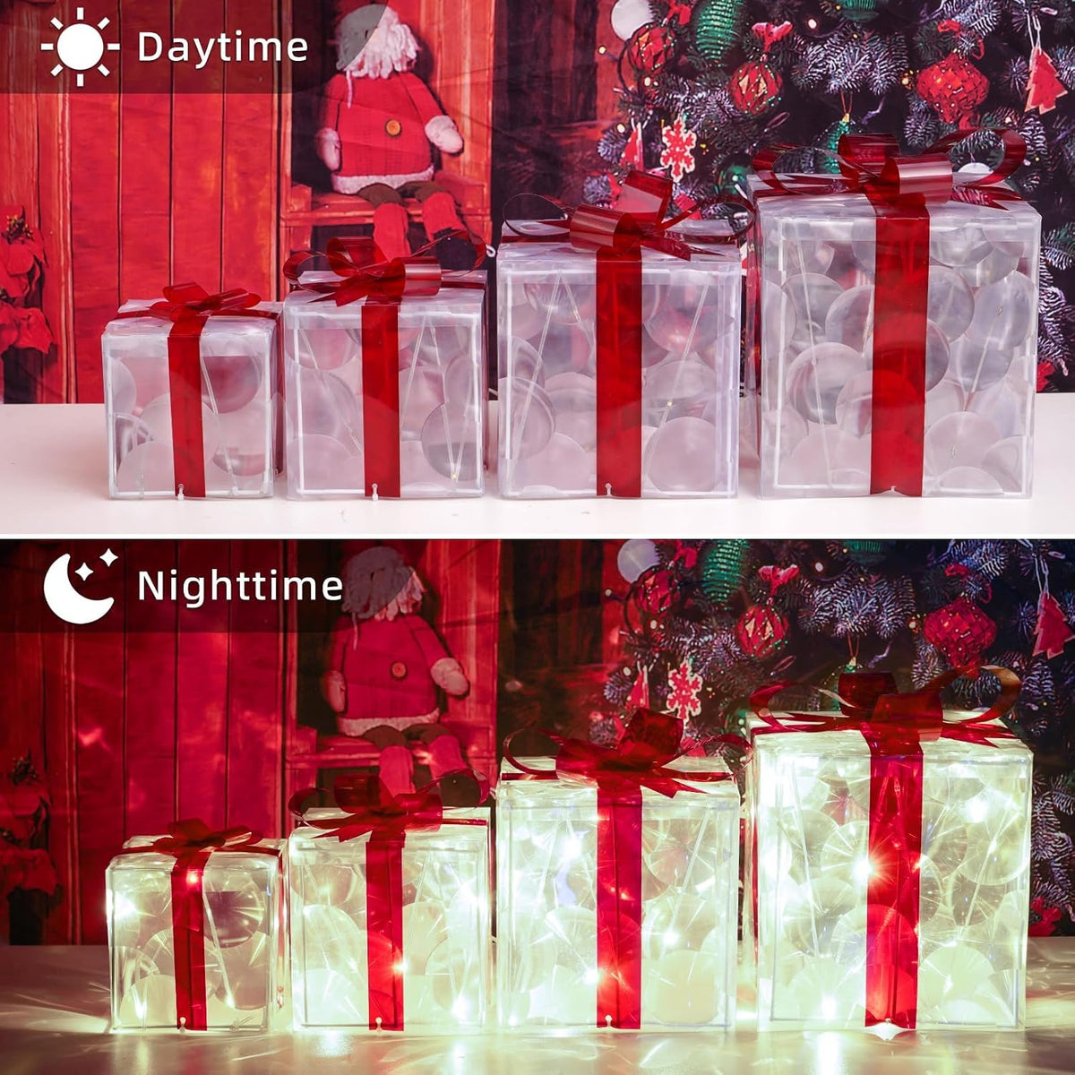 Paquete de 4 cajas iluminadas, decoraciones navideñas blancas frías...