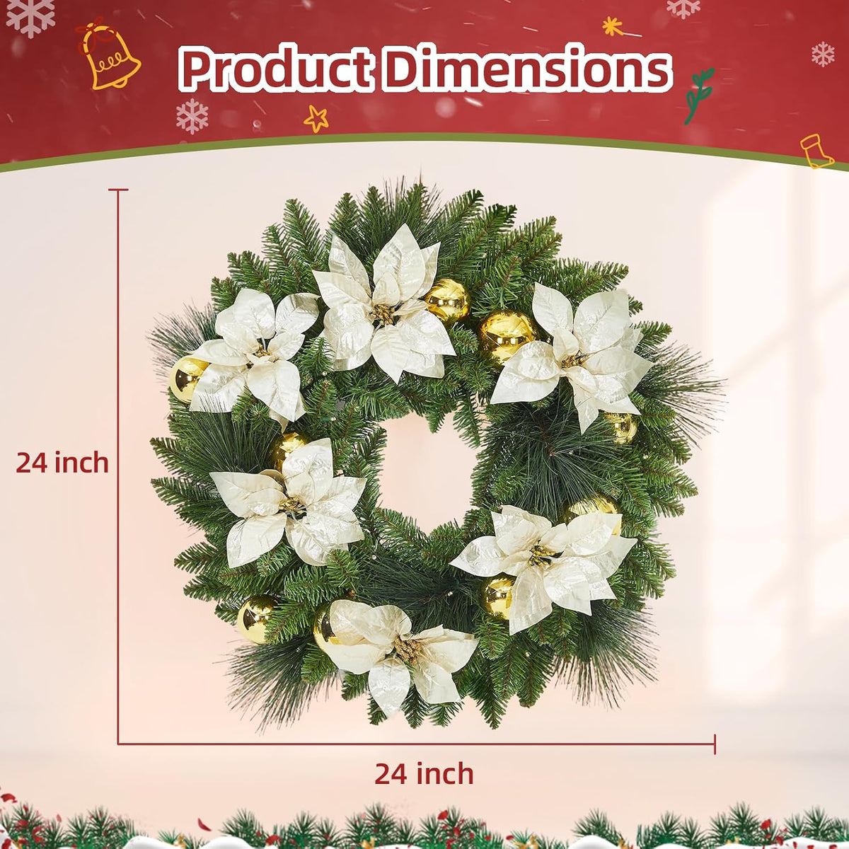 Garvee Corona de Navidad de 24 pulgadas con Flores, Hojas de Ciprés...