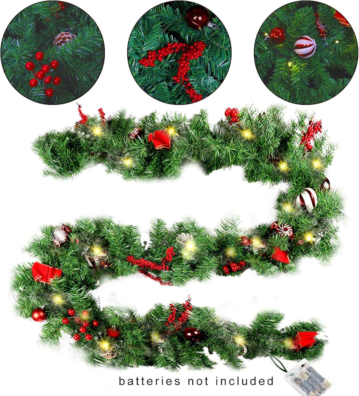 MorTime Guirnalda de Navidad LED de 9 pies con piñas, lazos de baya...