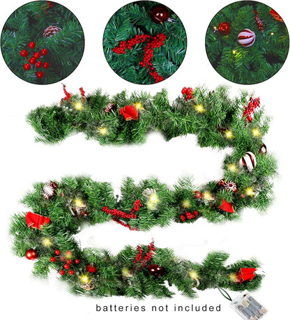 MorTime Guirnalda de Navidad LED de 9 pies con piñas, lazos de baya...
