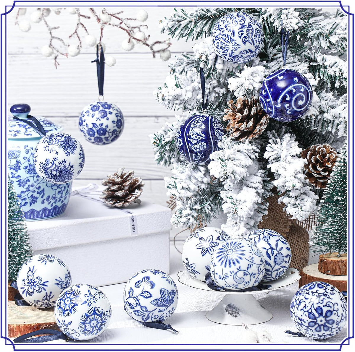 Cindeer - 12 bolas de porcelana de Navidad azules y blancas, estilo...
