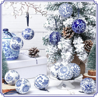 Cindeer - 12 bolas de porcelana de Navidad azules y blancas, estilo...