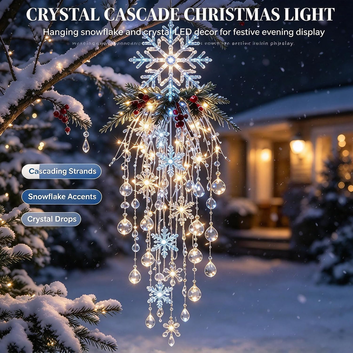 Luz de Navidad en cascada de cristal, copo de nieve colgante y deco...