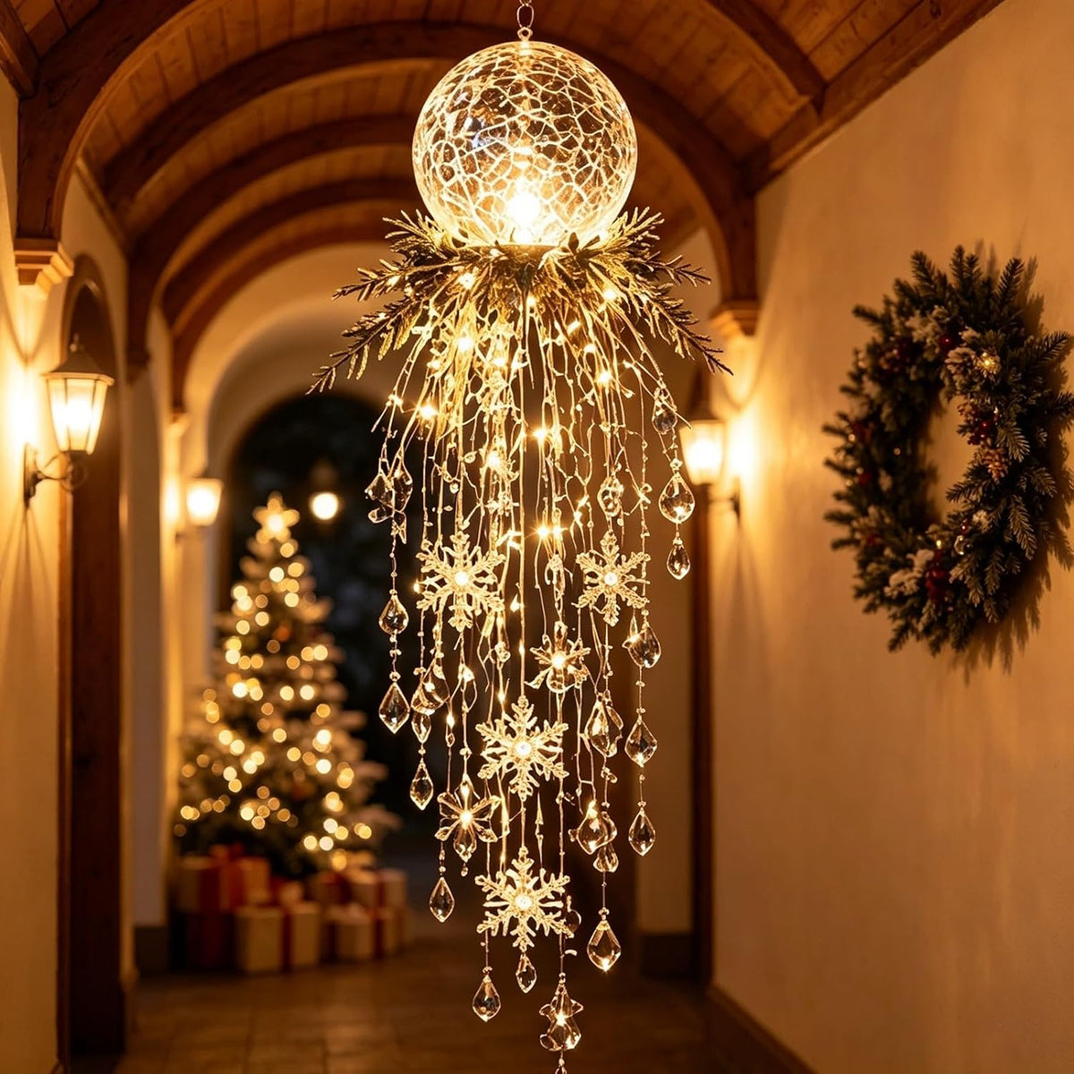 Luz de Navidad en cascada de cristal, copo de nieve colgante y deco...