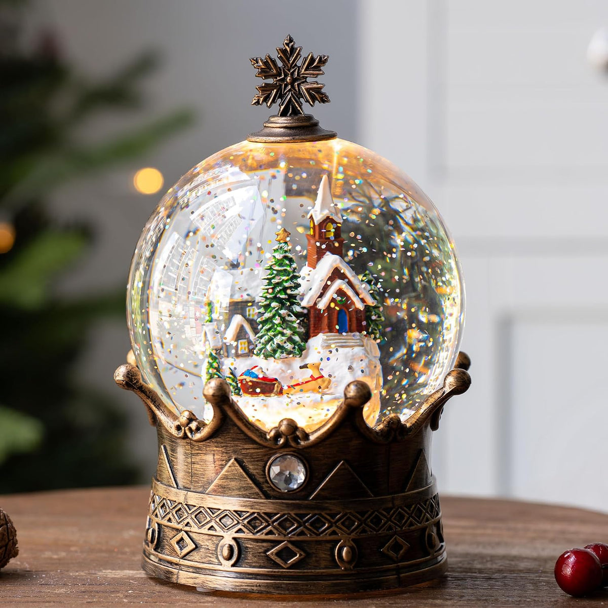 Globo de nieve de pueblo navideño, linterna musical iluminada para...