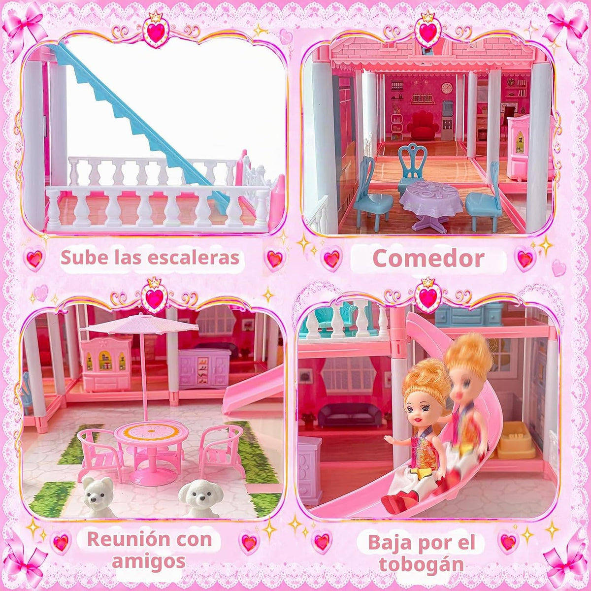 Casa de muñecas Dream para niñas, alfombrilla, luces, tobogán, muñe...
