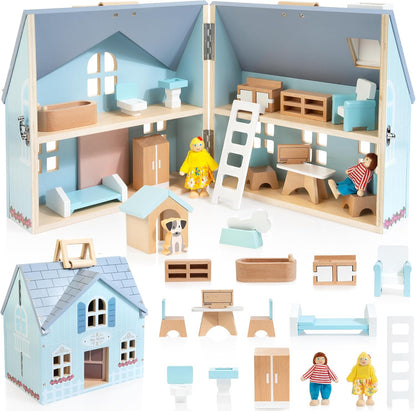 WOODMAM Casa de muñecas plegable de madera con muebles, muñecas y j...