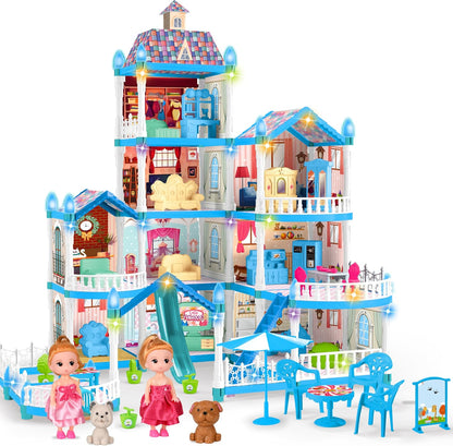 Seifar Casa de muñecas para niñas, 10 habitaciones, casa azul de ju...
