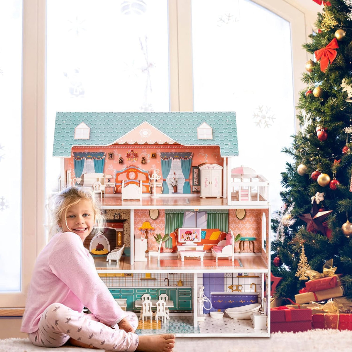 ROBUD Casa de muñecas de madera con muebles azul para niñas 3-6 | D...