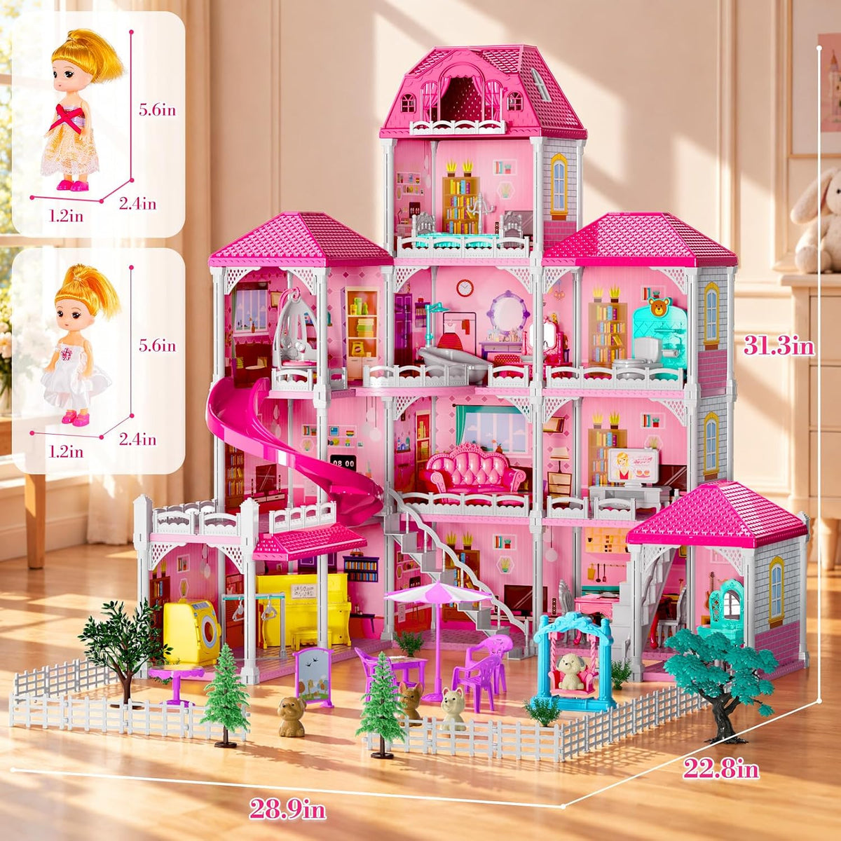 Casa rosa de 4 pisos para niñas de 3 años en adelante, juego de vil...