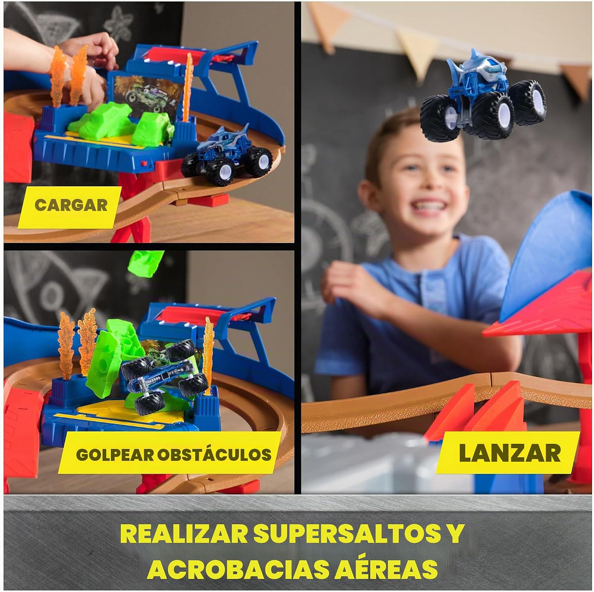 Monster Jam, Supercharge Speedway Playset, Megalodon y El Toro Loco...
