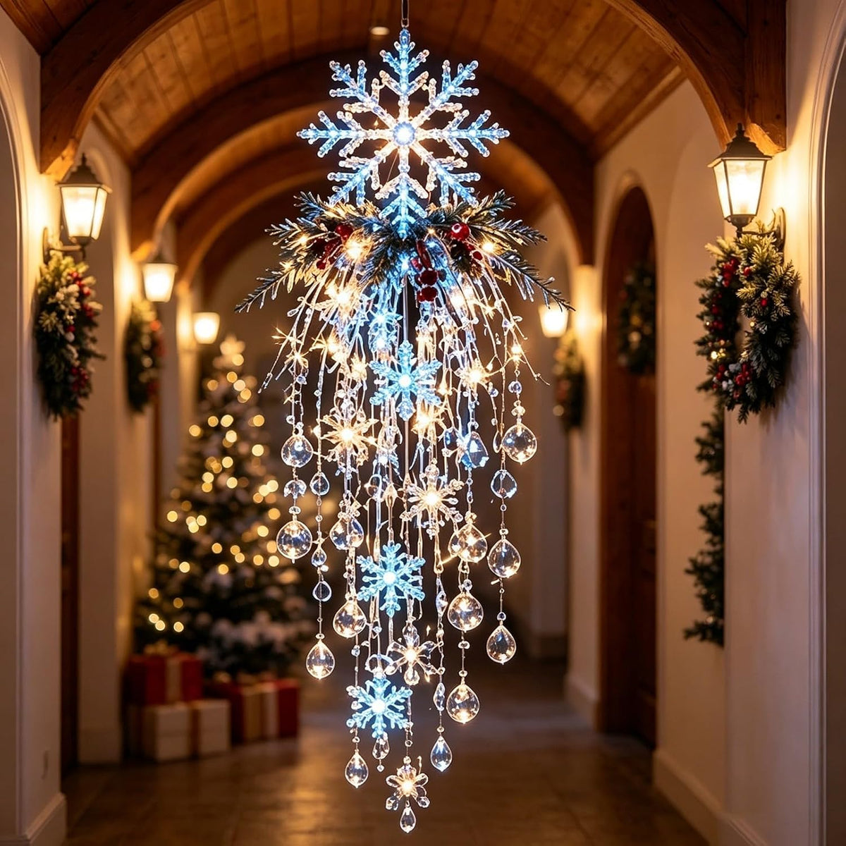 Luz de Navidad en cascada de cristal, copo de nieve colgante y deco...