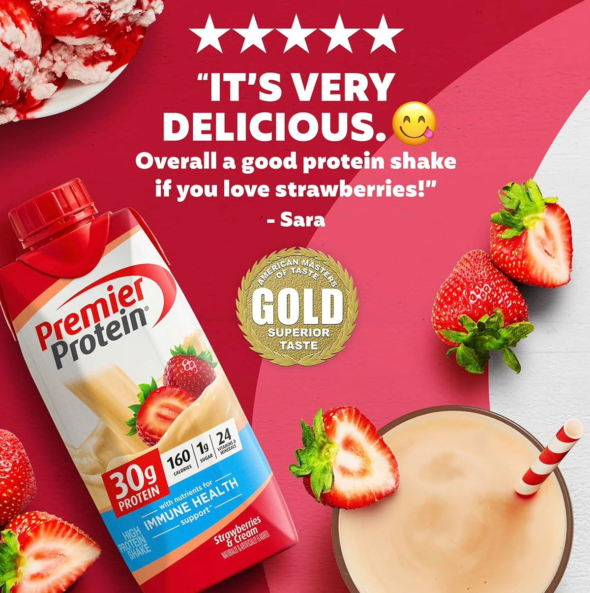 Premier Protein Batido, fresas y crema, 1.06 oz de proteína, sin az...