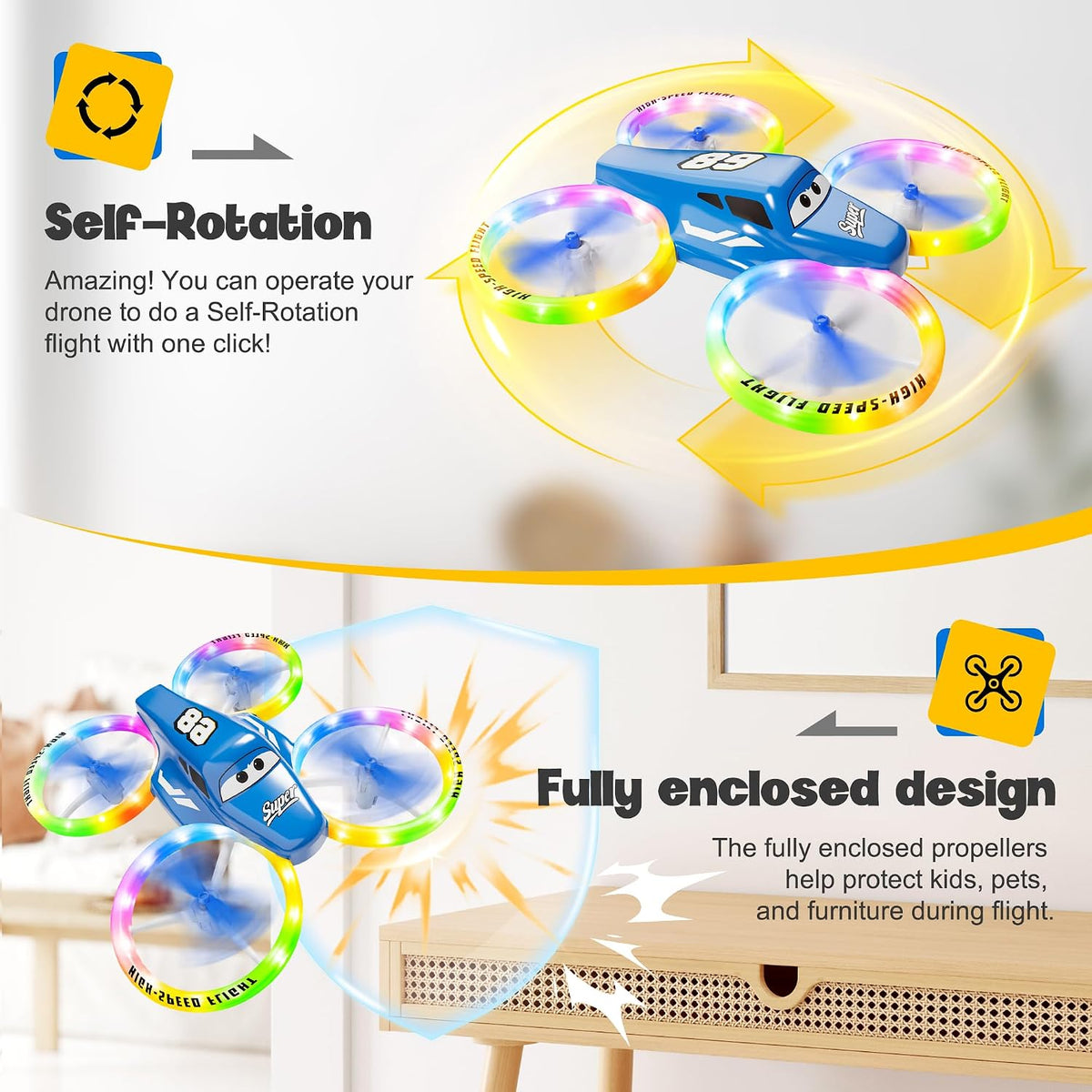 Drones para niños y principiantes con luces LED 2 baterías de arran...