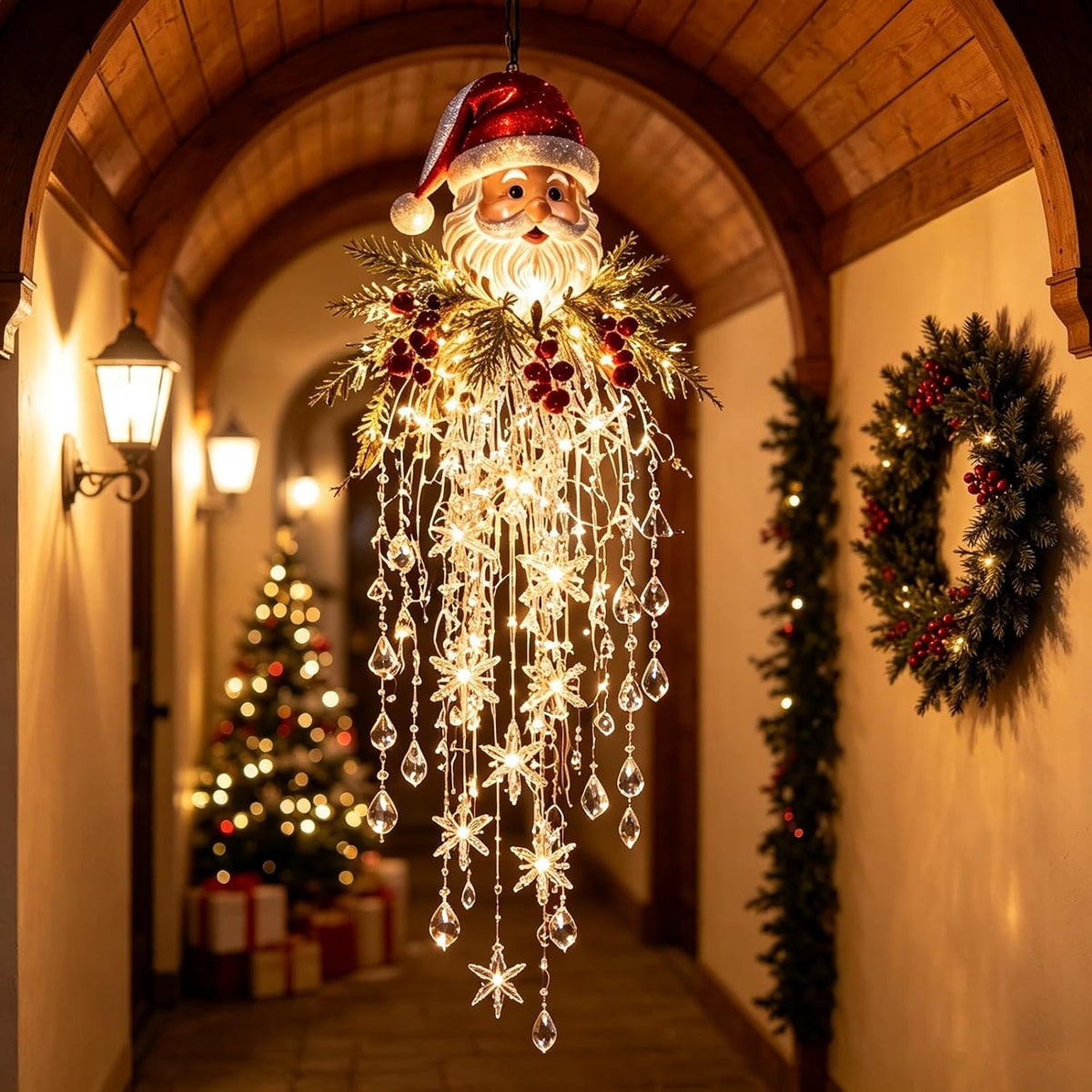 Luz de Navidad en cascada de cristal, copo de nieve colgante y deco...