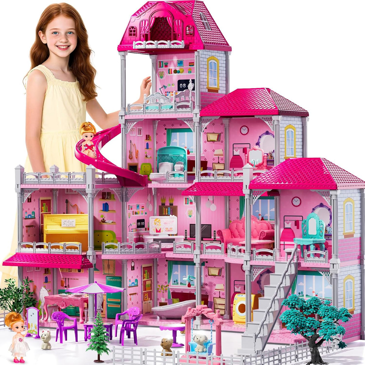 JUKUDAHU Juego de villa para niñas de 3 a 7 años, 4 plantas, 11 hab...