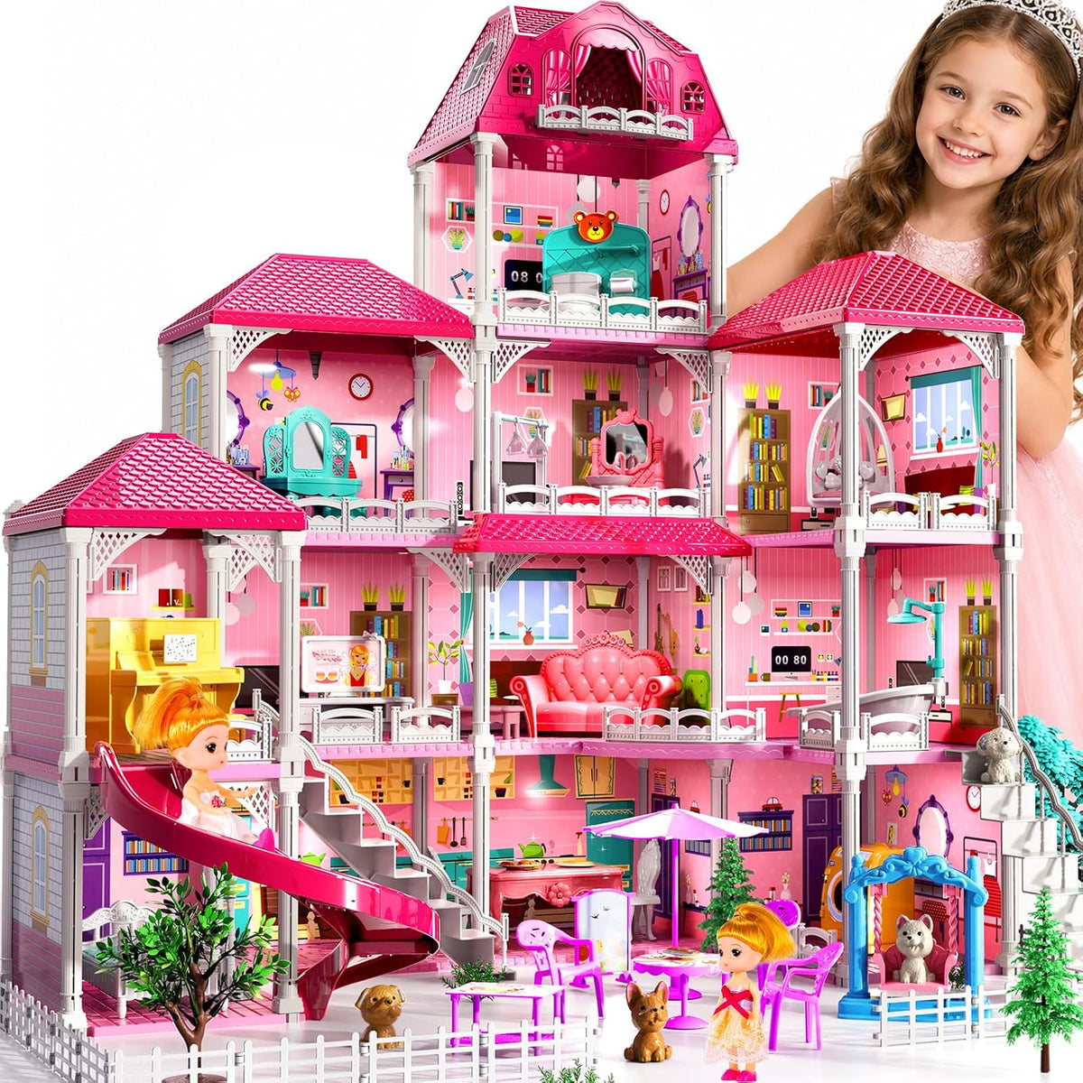 Casa de 4 pisos para niñas de 3 a 7 años, juego de villa con 2 muñe...