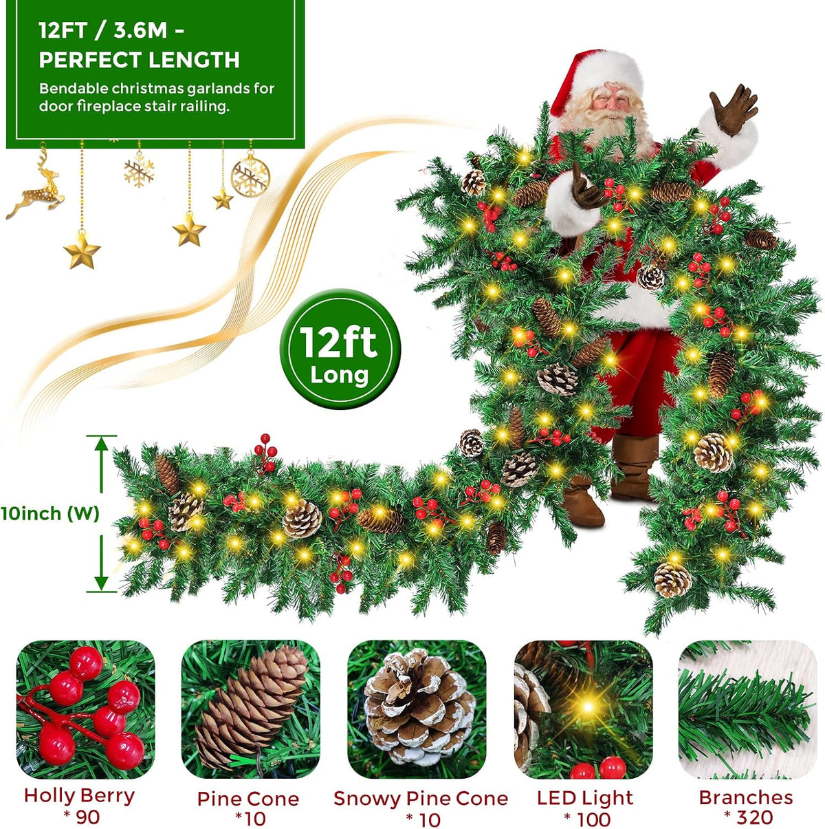 Mduvoz Guirnalda de Navidad, guirnalda de Navidad preiluminada de 1...